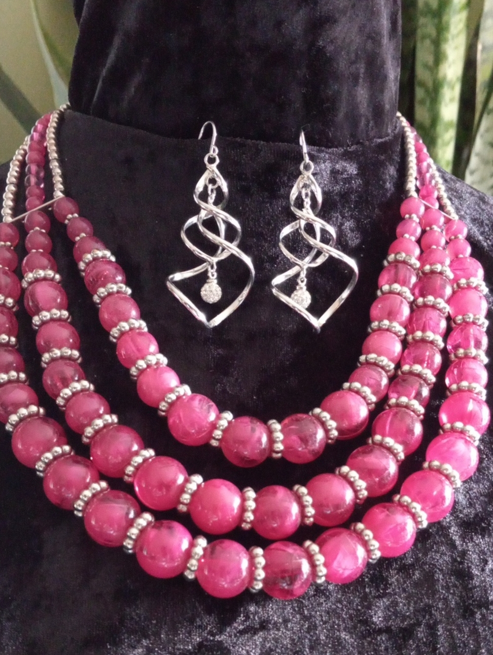 belk Pink Multi-Strand Beaded Necklace with Silver Tone Earrings